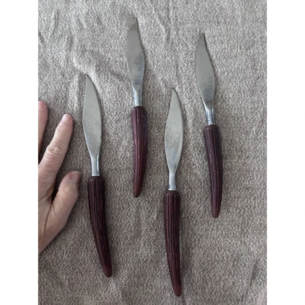 Vintage Mode Danish Stainless Knives Sheffield England‎ Teak Wood Handle 4 Pc.